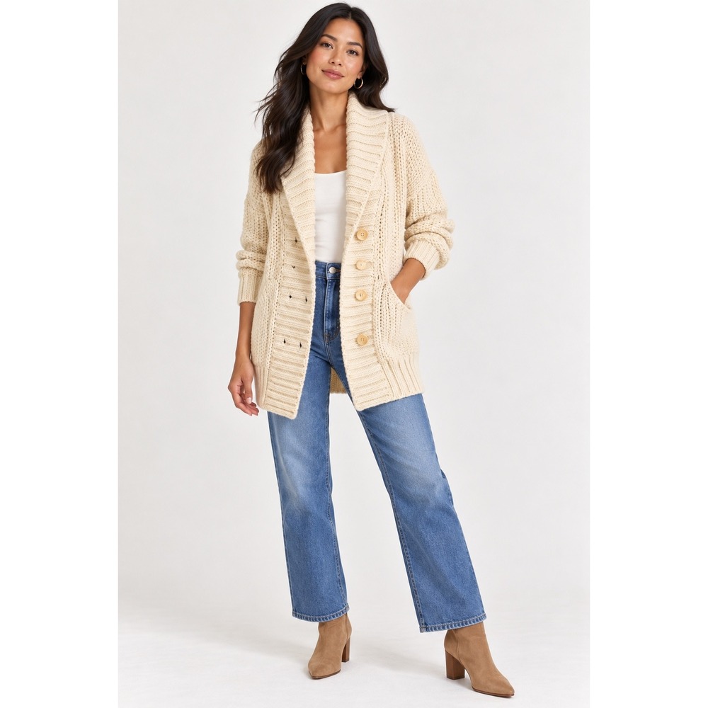 GAP Shawl Collar Chunky Knit Cardigan Sweater Cream XS Coastal Grannycore Cozy